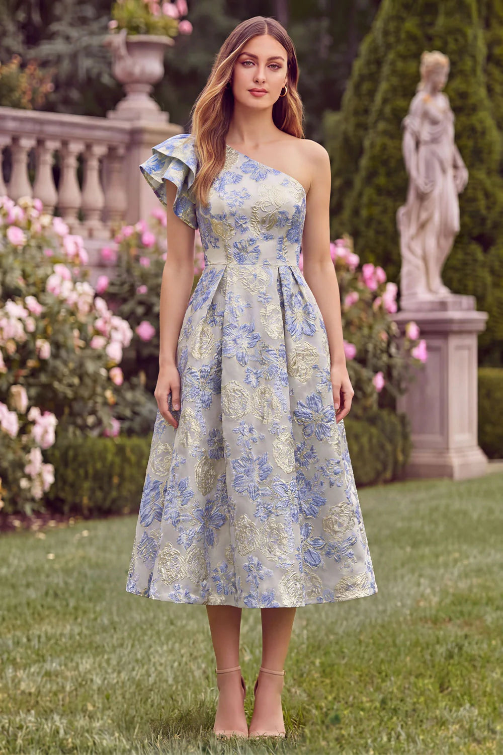 One Shoulder Floral Jacquard Light Blue A Line Midi Wedding Guest Dress