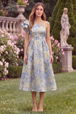 One Shoulder Floral Jacquard Light Blue A Line Midi Wedding Guest Dress