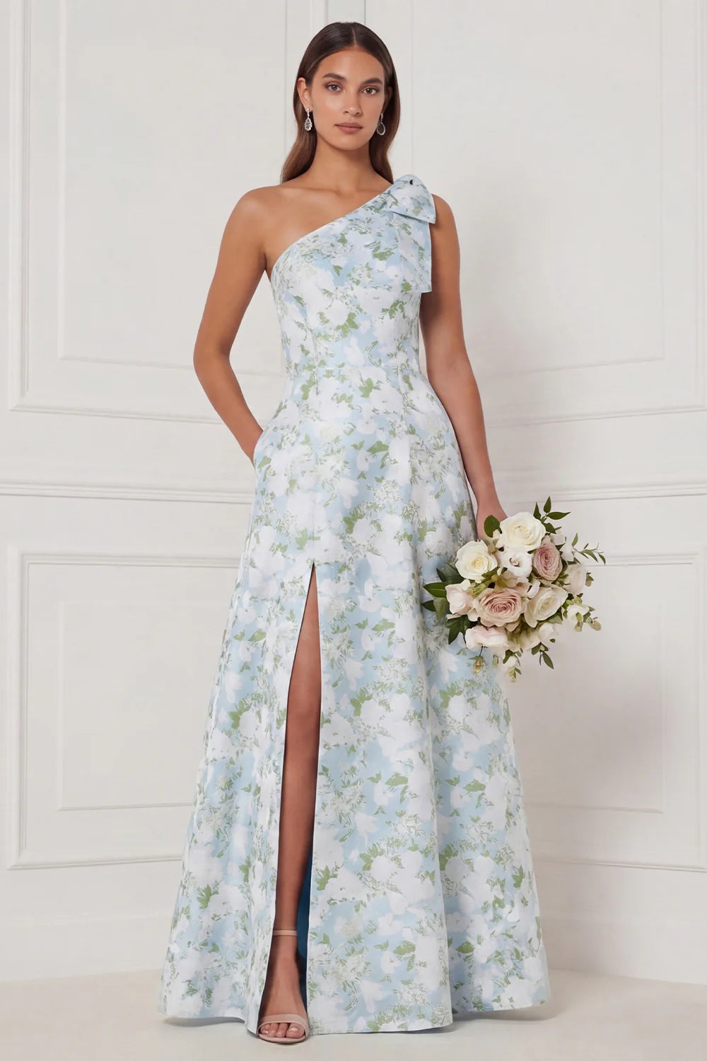 One Shoulder A Line Blue White Flower Bridesmaid Dress with Slit