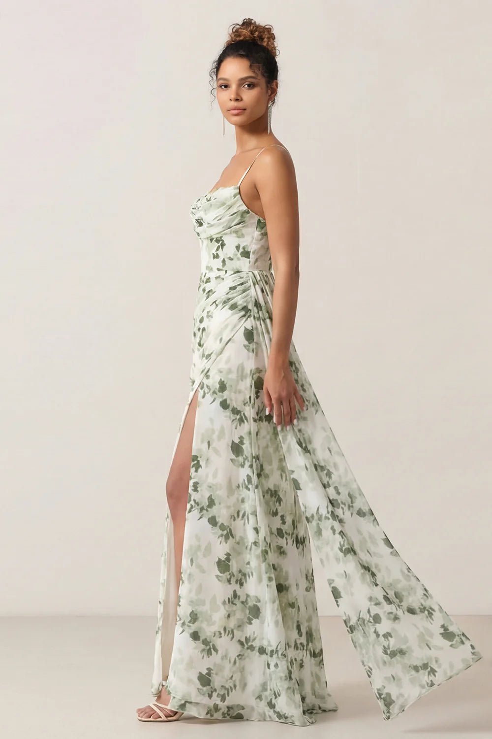 Floral Green Sheath Printed Ruched Long Bridesmaid Dress with Slit
