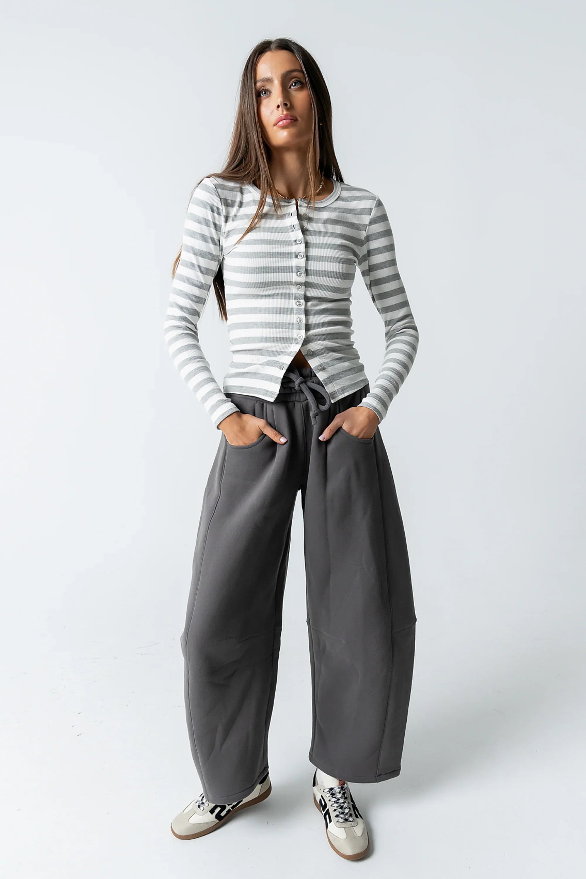Mia Button Up Top in Striped Grey