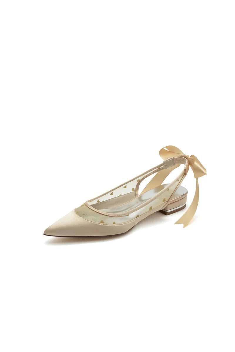 Satin Pointed Toe Mesh Low Heels With Bow