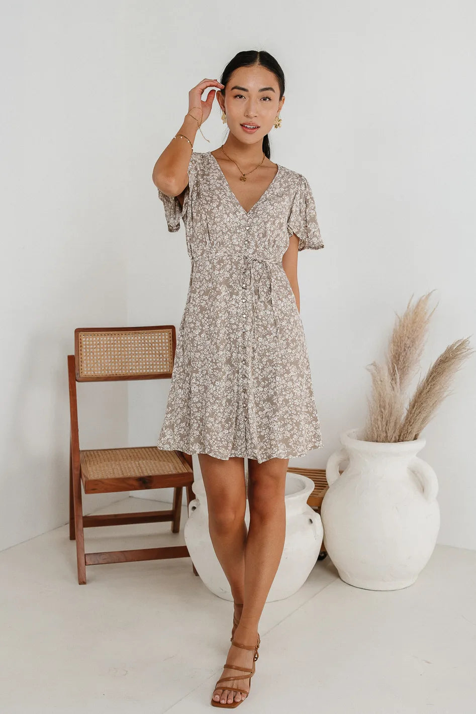 Abbie Floral Mini Dress in Taupe FINAL SALE