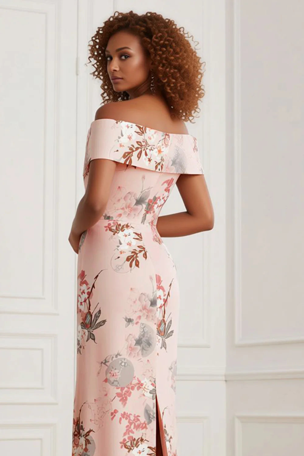 Off The Shoulder Sheath Blush Floral Print Long Satin Wedding Guest Dress with Back Slit