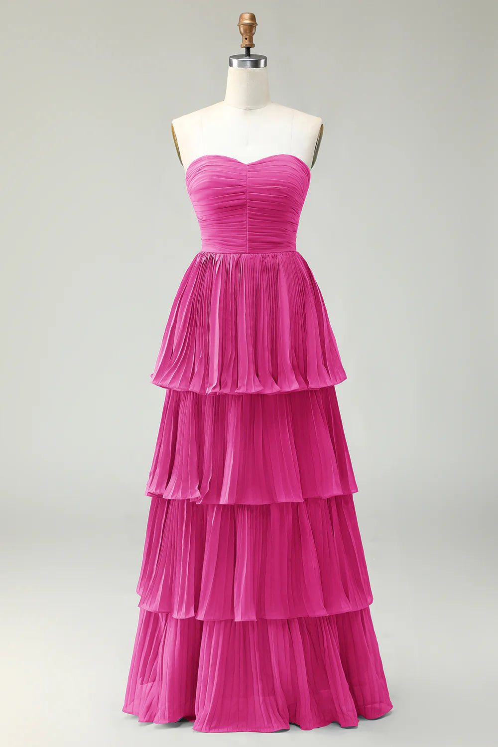 Dusty Blue A Line Strapless Pleated Tiered Long Bridesmaid Dress with Ruffles