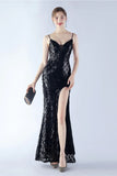 Burgundy Sheath Spaghetti Straps V neck Sequin Formal Dress with Slit