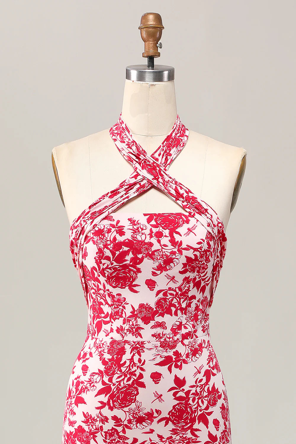 Red Flower Mermaid Halter Printed Midi Wedding Guest Dress