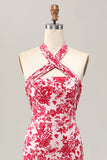 Red Flower Mermaid Halter Printed Midi Wedding Guest Dress