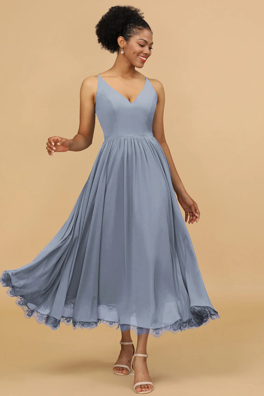 A Line Spaghetti Straps Long Chiffon Bridesmaid Dress with Ruffles