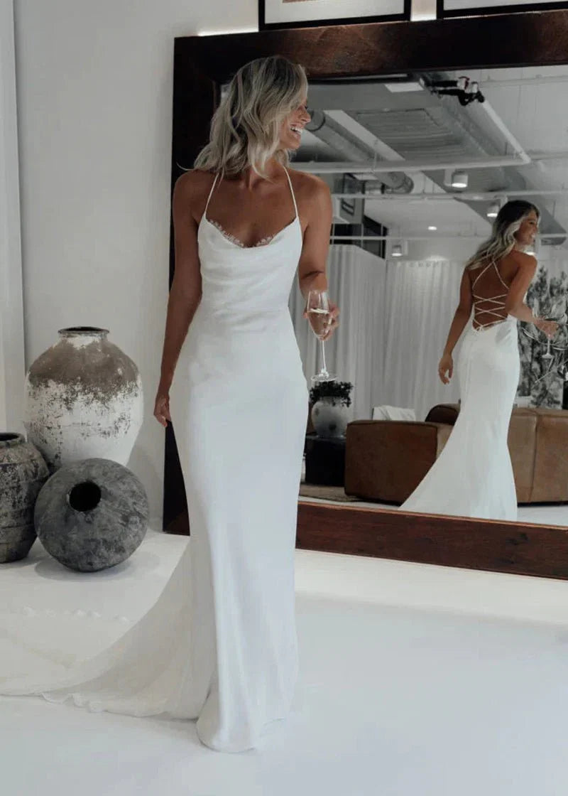 Mermaid Satin White Spaghetti Straps Wedding Dresses With Lace Up Back