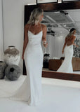 Mermaid Satin White Spaghetti Straps Wedding Dresses With Lace Up Back