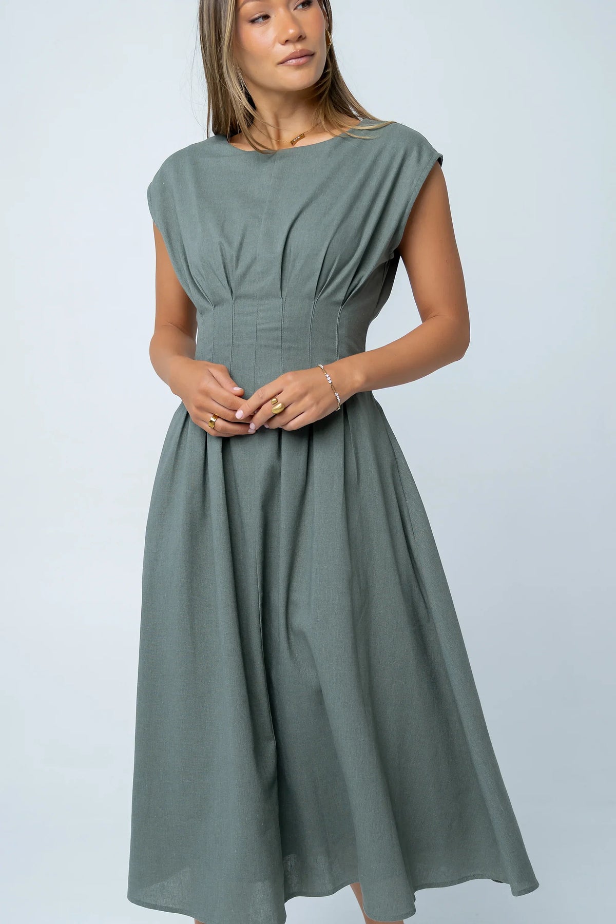 Matilda Pleated Maxi Dress in Olive