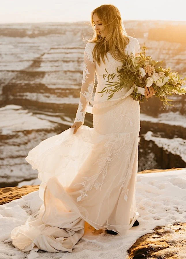 Gorgeous Boho Lace Long Sleeves Mermaid Appliques Wedding Dress