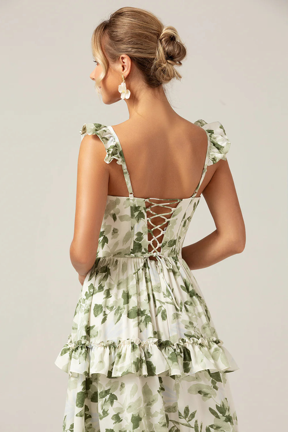 Green Flower A Line Printed Tiered Long Plus Size Bridesmaid Dress With Slit