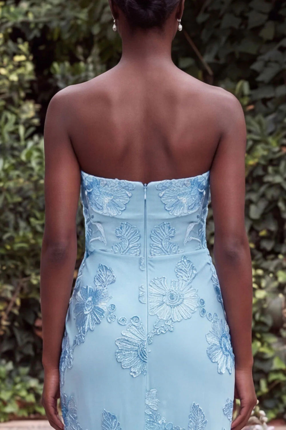Strapless Blue Mermaid Floral Embroidery Wedding Guest Dress