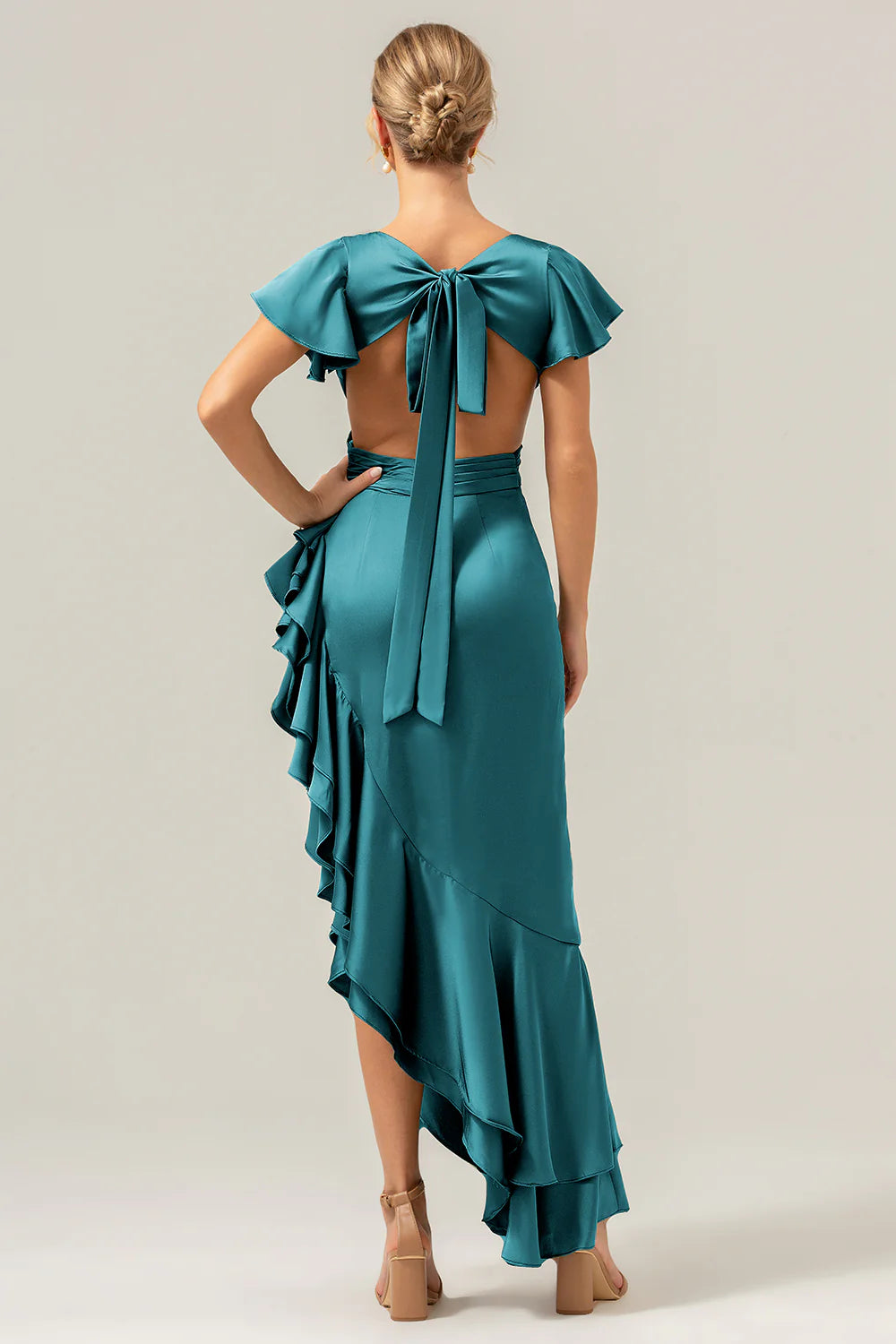 A Line V Neck Asymmetrical Olive Bridesmaid Dress with Ruffle Slit