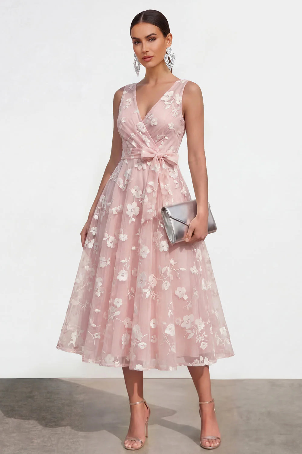 Blue Floral A Line Midi Wedding Guest Dress with Bow