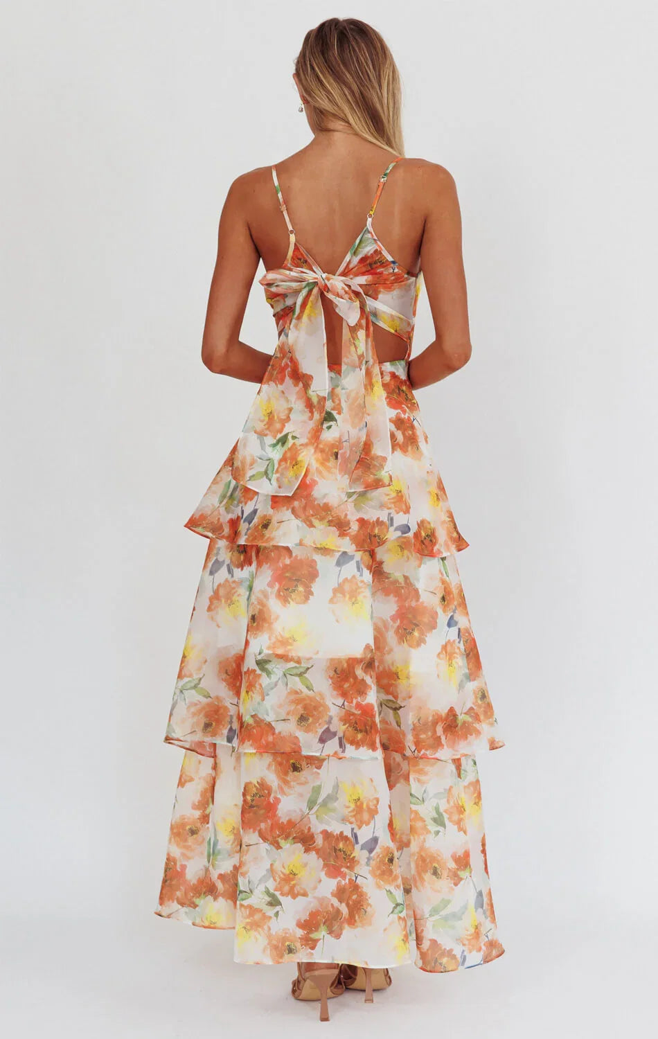 Makenna Maxi Dress Orange Floral Organza Tiered Dress