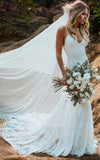 Spaghetti V neck Mermaid Vintage Lace Flowers Sexy Backless Wedding Dress with Train