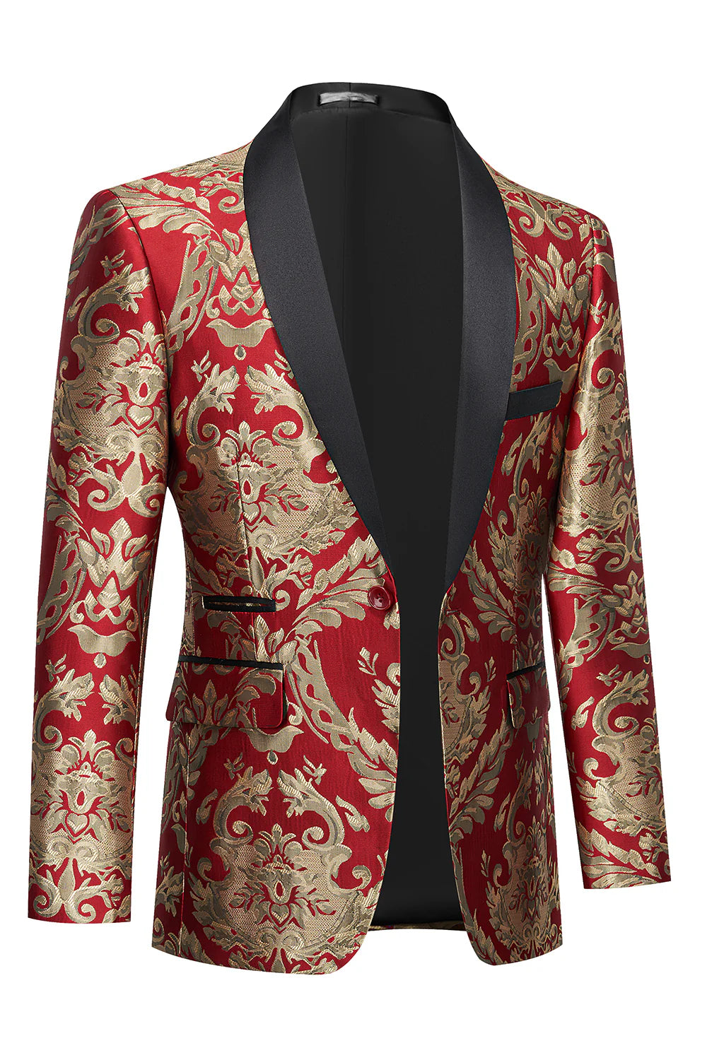 Mens Red Shawl Lapel One Button Jacquard Prom Blazer