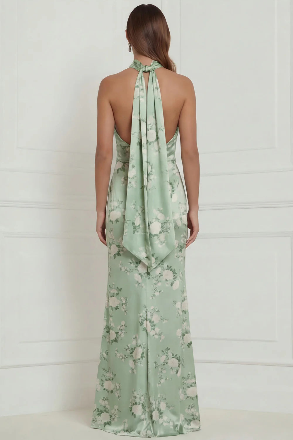 Halter Sage Green Floral Sheath Satin Long Bridesmaid Dress