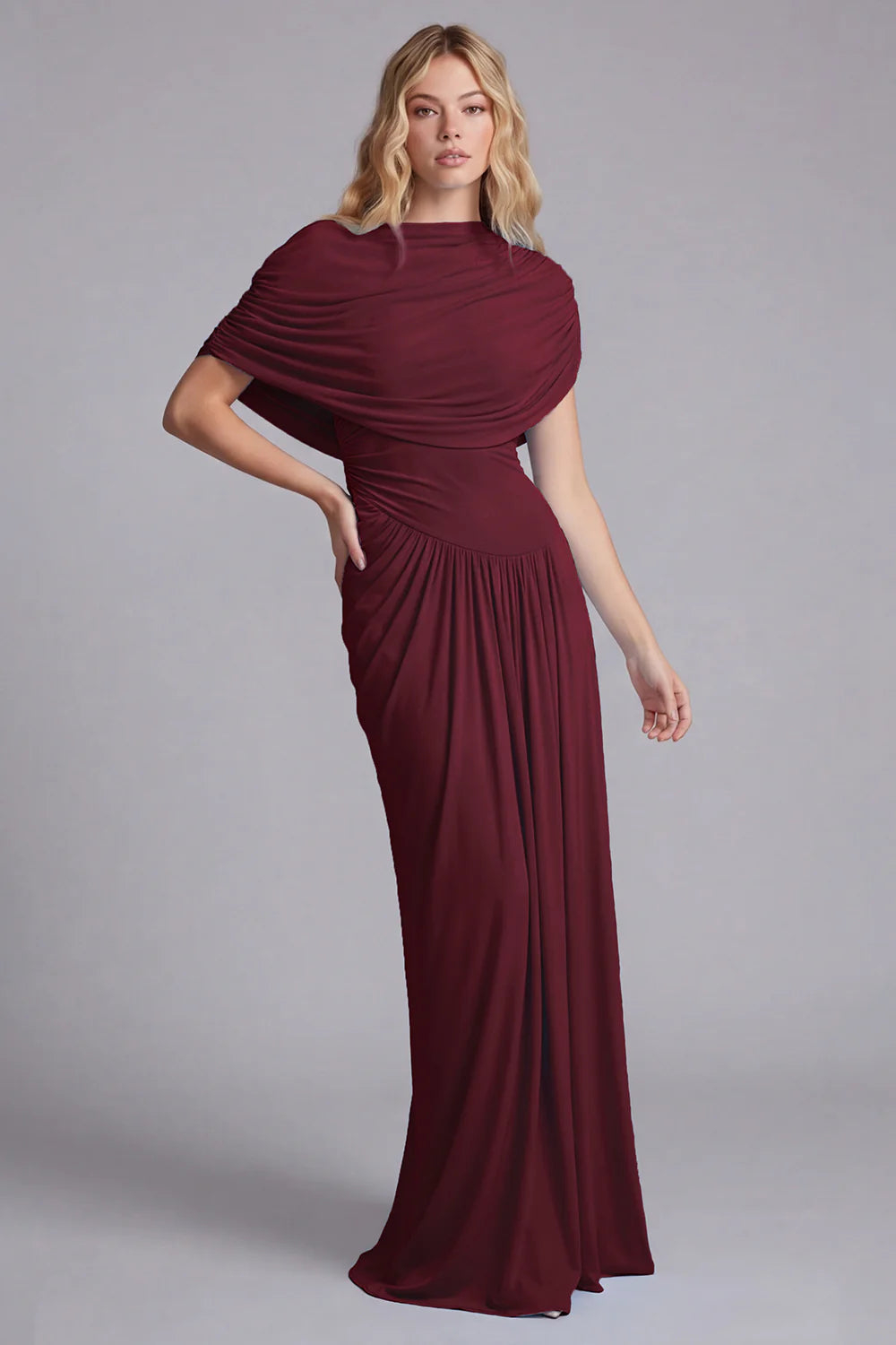 Sky Blue Mermaid Ruched Maxi Dress with Cape Sleeves