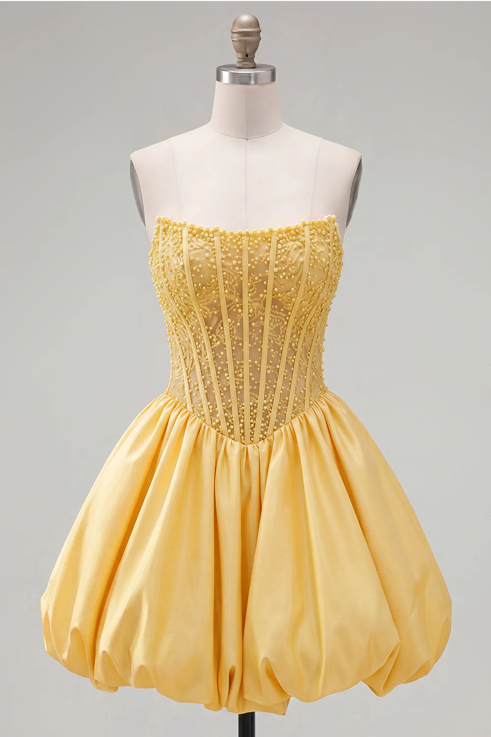 Strapless A Line Corset Yellow Homecoming Dress with Pearls