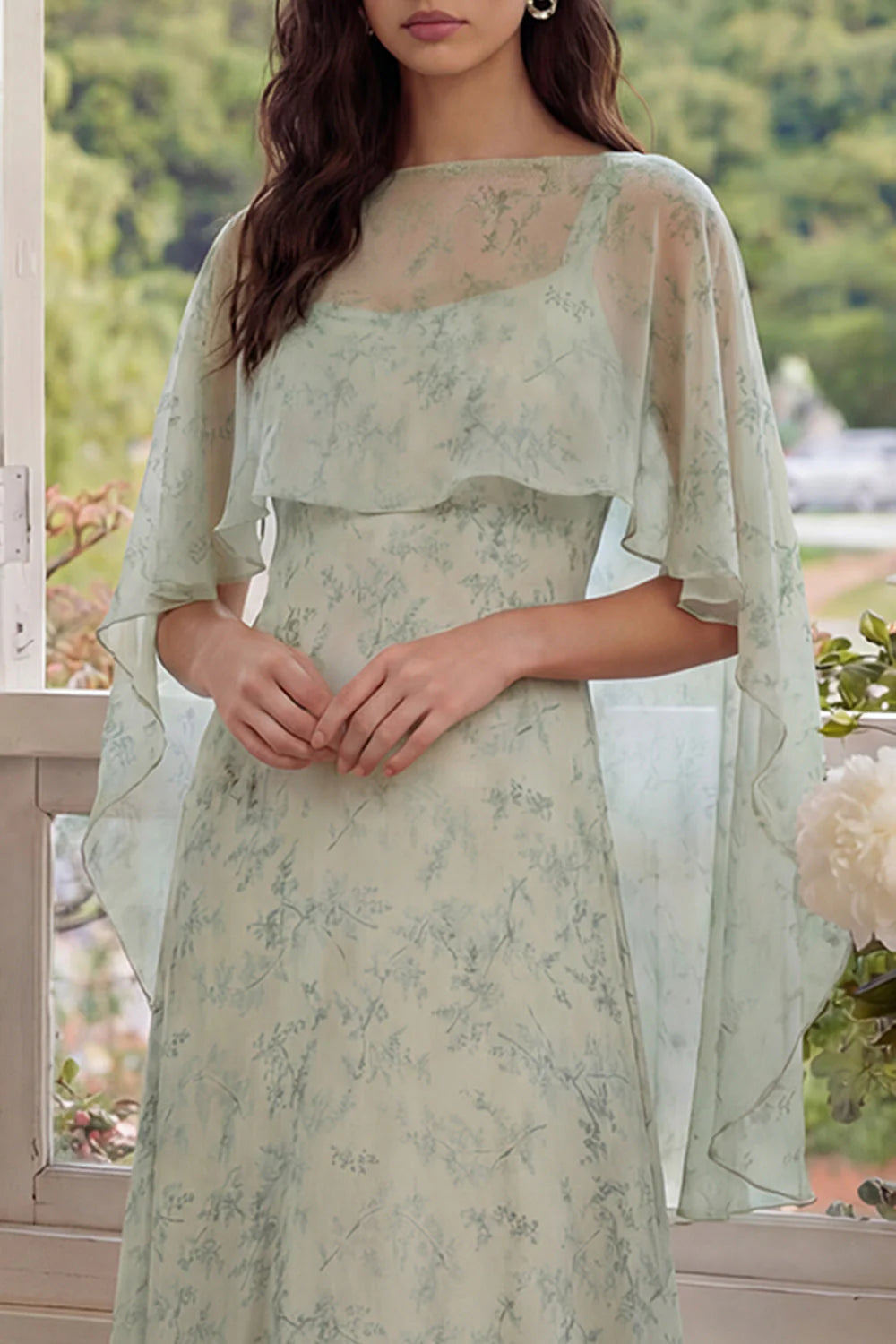 Dusty Sage Floral 2 Piece Chiffon A Line Wedding Guest Dress with Cape
