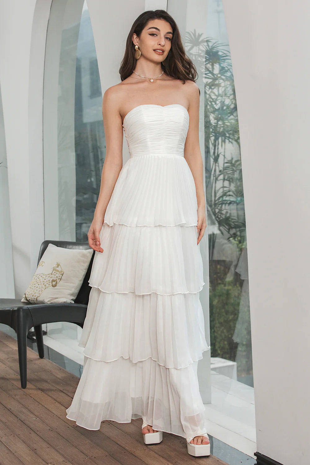 A Line Strapless Tiered Long Chiffon Maxi White Dress
