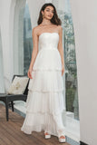 A Line Strapless Tiered Long Chiffon Maxi White Dress