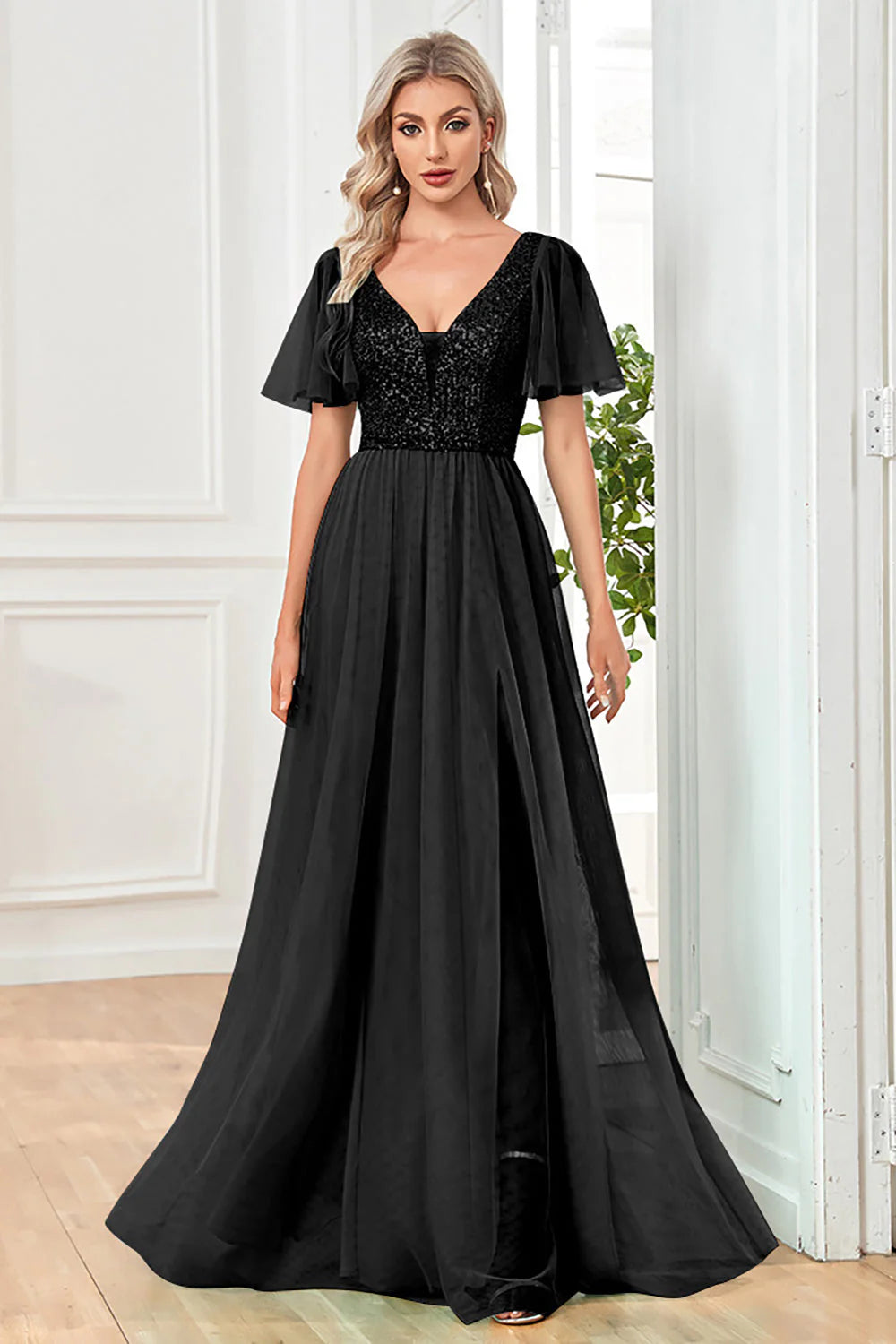 Black A Line V Neck Long Prom Dress with Sequins