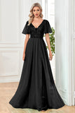Black A Line V Neck Long Prom Dress with Sequins