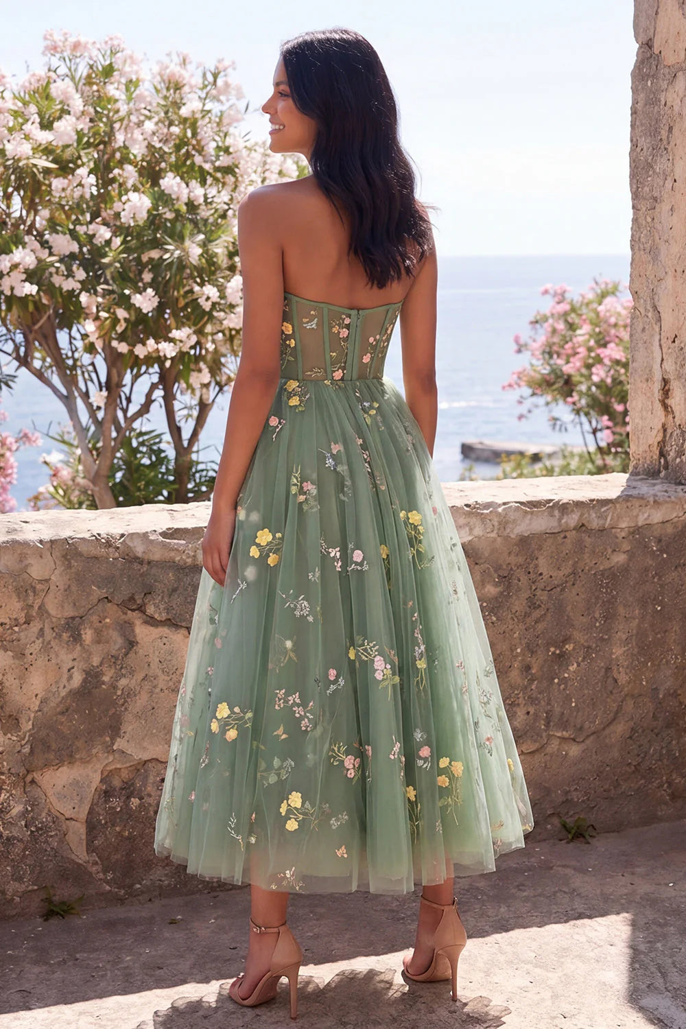 Dusty Sage A Line Sweetheart Embroidered Floral Midi Dress