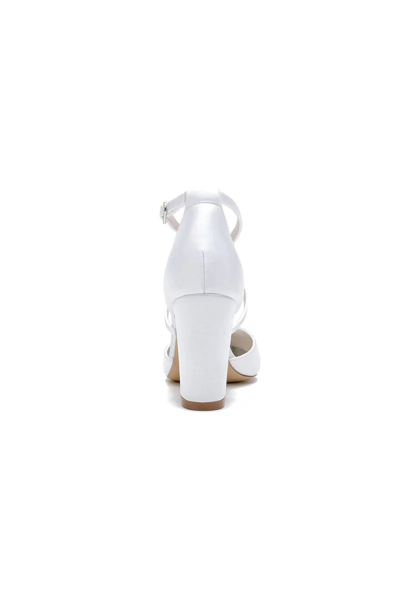 White Satin Pump with Cross Strap and Metal Accent