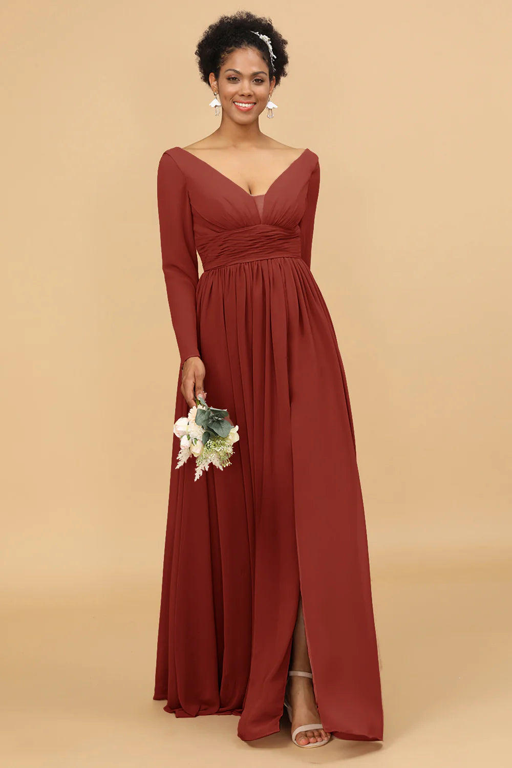 A Line V Neck Long Sleeves Chiffon Bridesmaid Dress with Slit