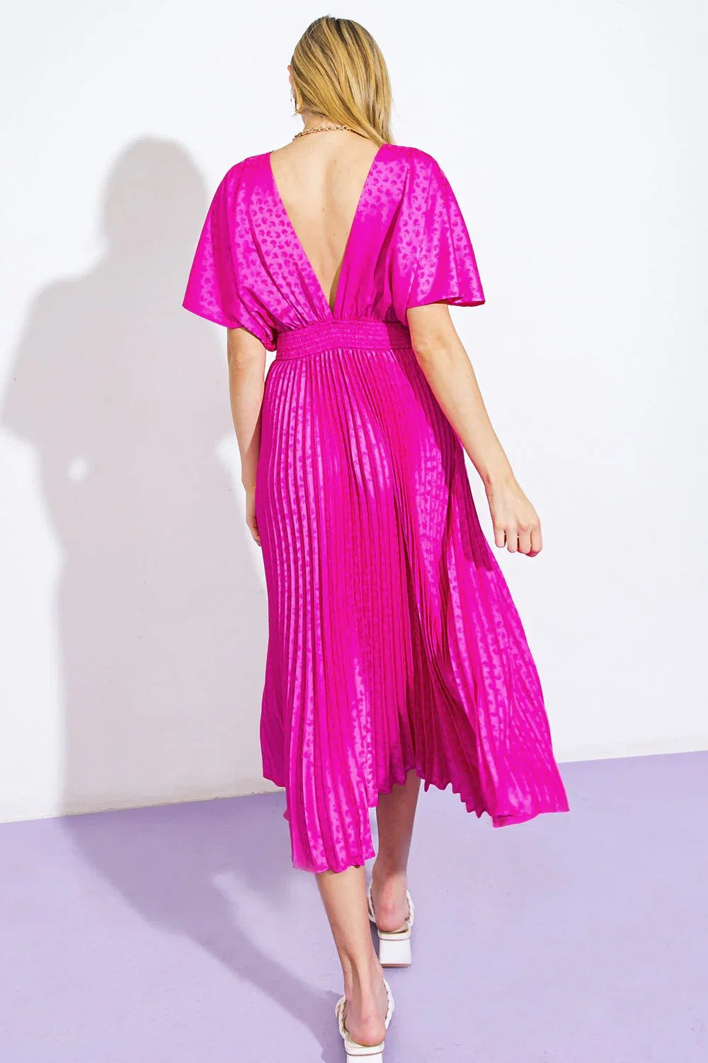 TIMELESS REPEAT PLEATED SATIN MIDI DRESS