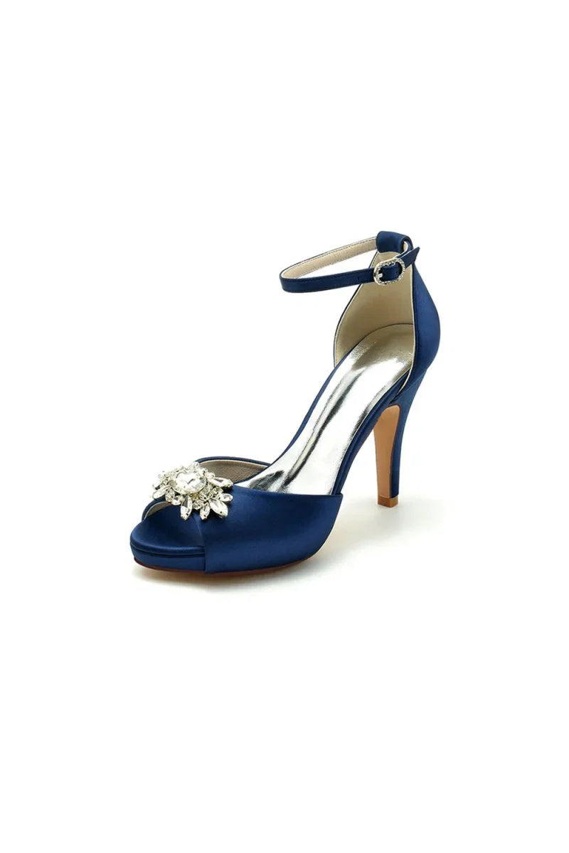 Royal Blue Silk Heels with Crystal Flower Ornament