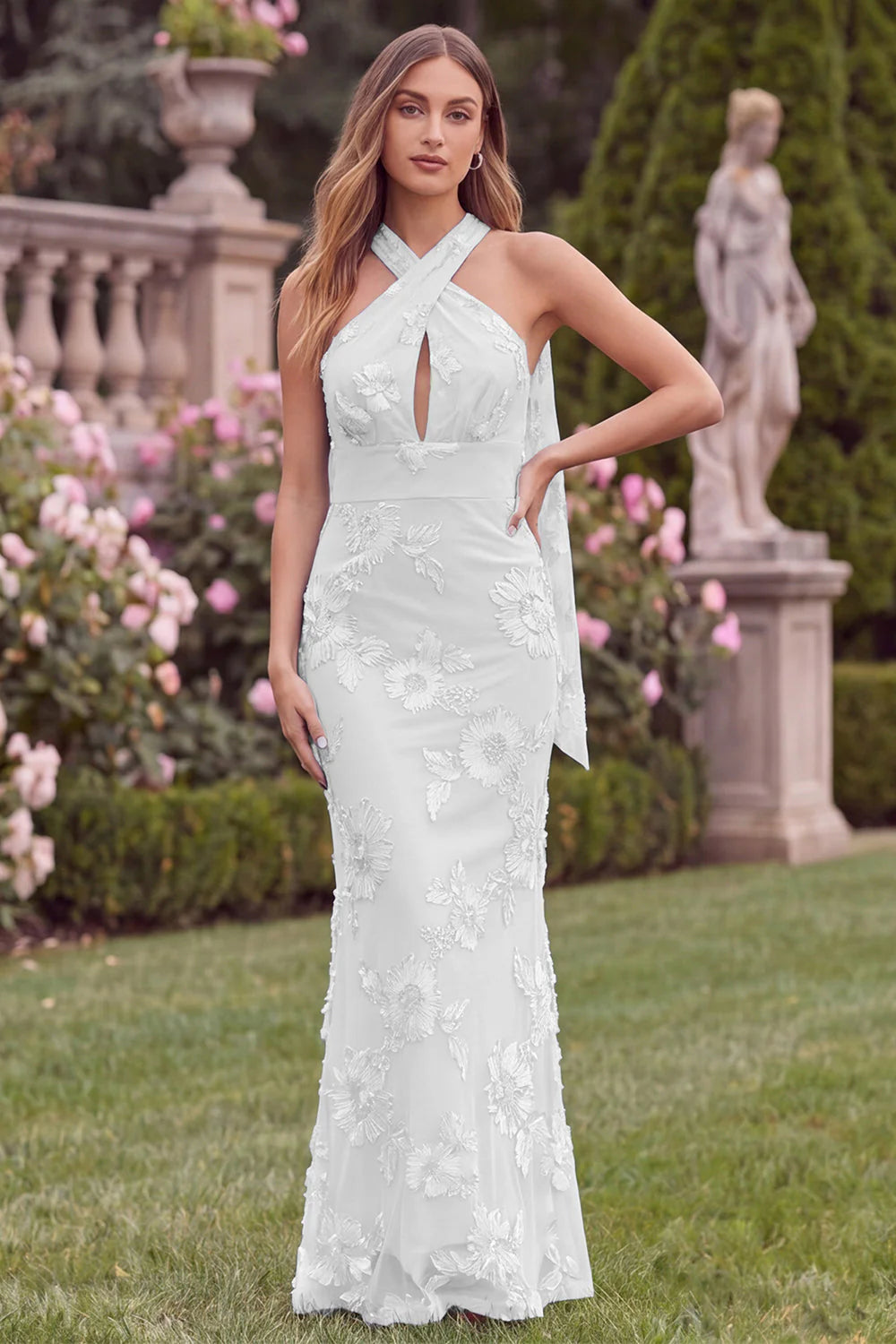Floral Halter Daffodil Mermaid Wedding Guest Dress with Scarf