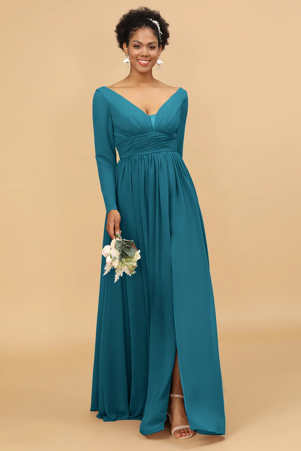 A Line V Neck Long Sleeves Chiffon Bridesmaid Dress with Slit
