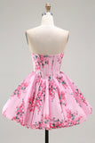 Pink Flower A Line Strapless Printed Homecoming Dress with Beading