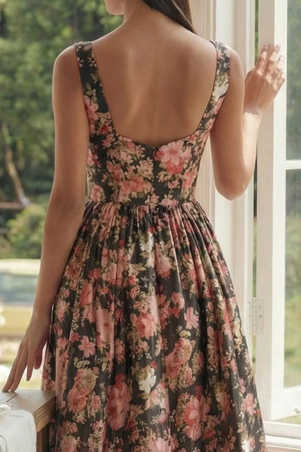 Black Pink Flower A Line Square Neck Pleated Midi Wedding Guest Dress