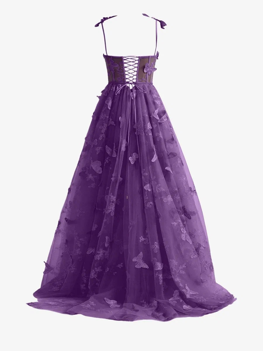 Purple A line Butterfly Lace Lilac Corset Prom Dress with Slit