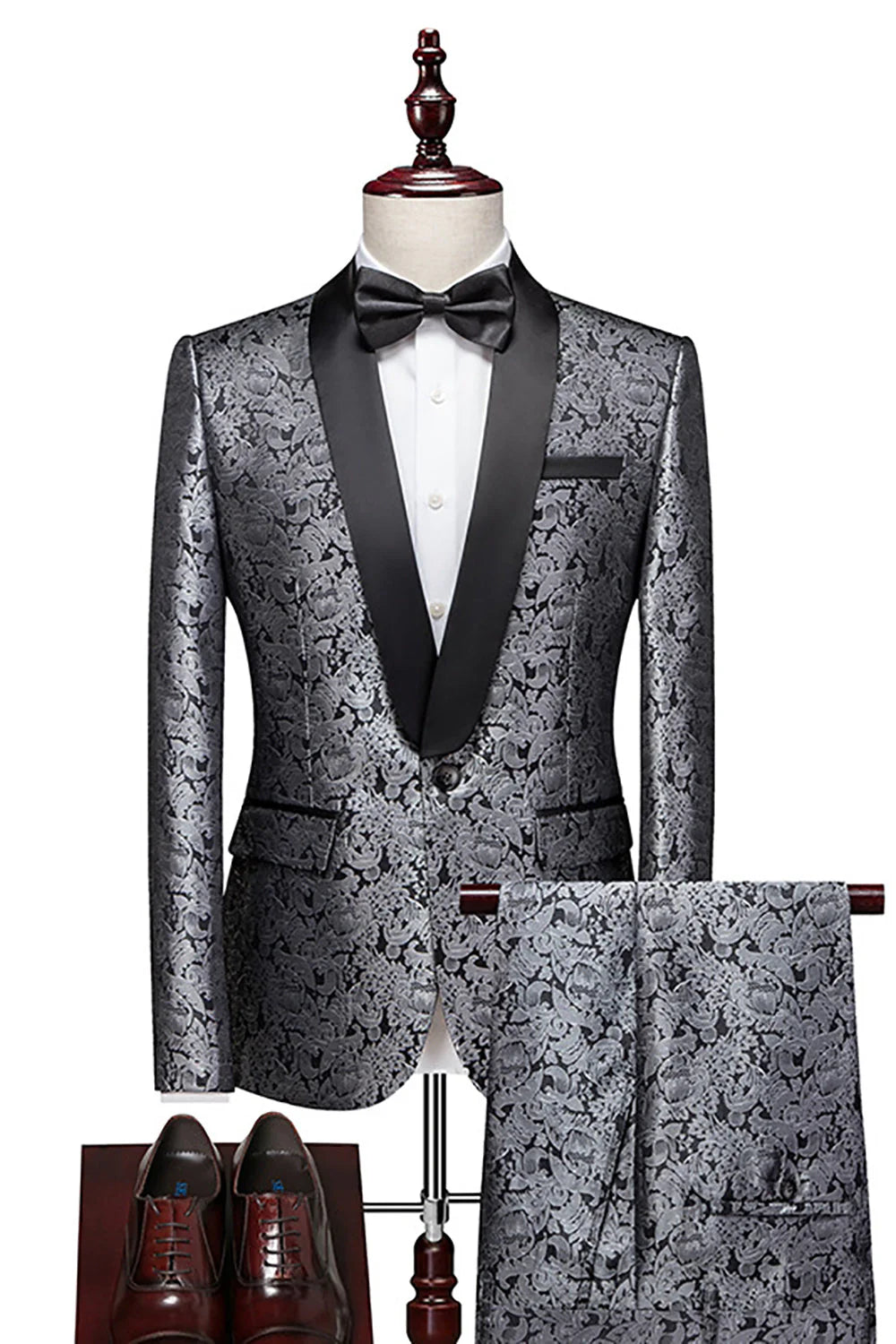 Mens Jacquard 2 Piece Shawl Lapel One Button Wedding Suits