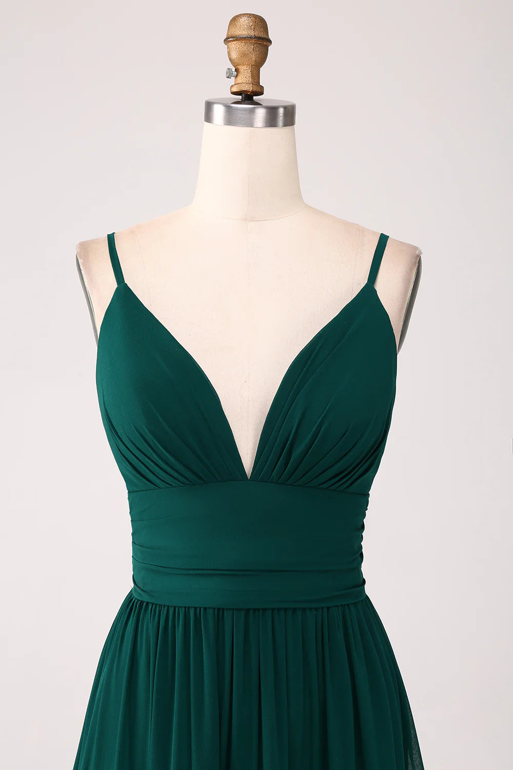 Dark Green A Line Spaghetti Straps Tiered Pleated Floor Length Bridesmaid Dress