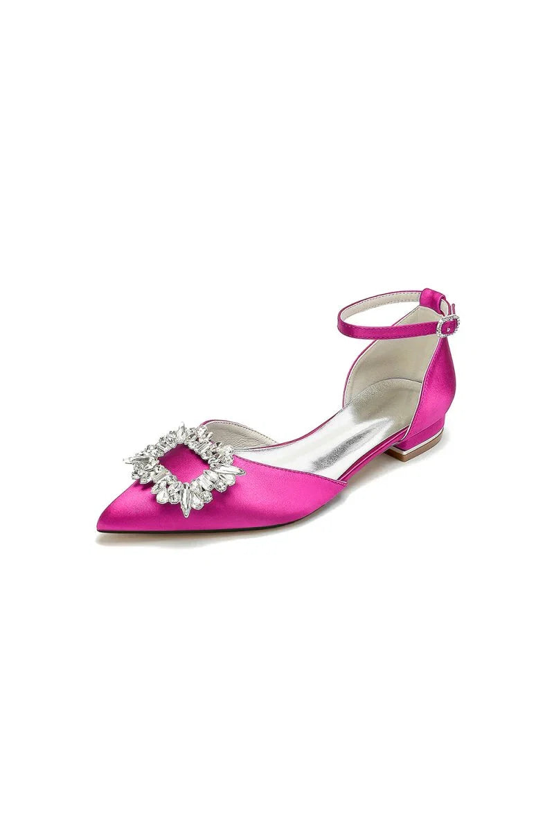 Rhinestone Pointed Toe Ankle Strap Satin Kitten Heels