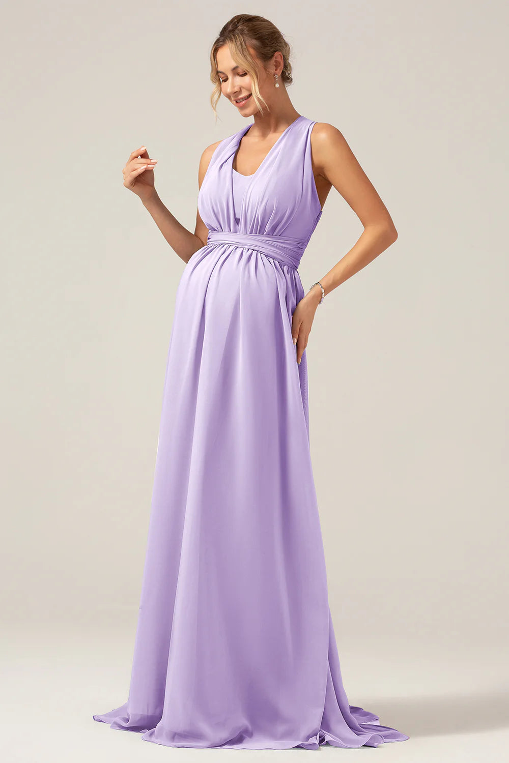 A Line Chiffon Convertible Dusty Blue Long Maternity Bridesmaid Dress