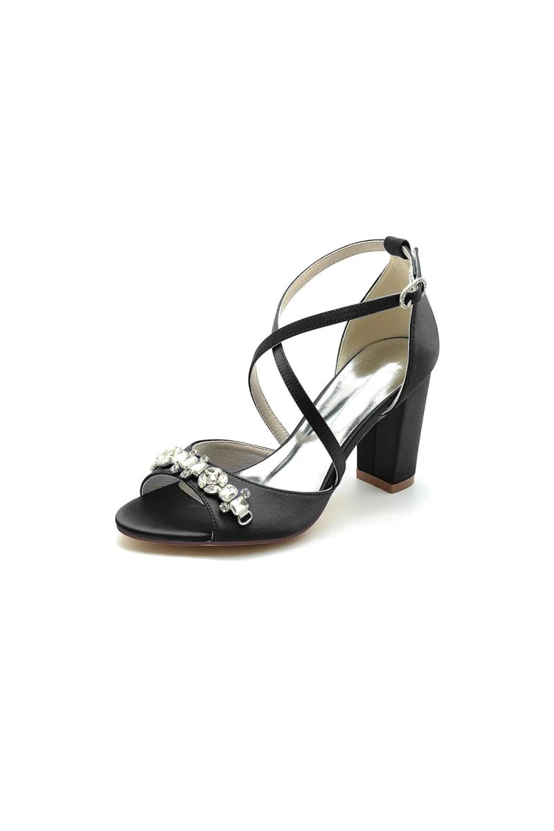 Champagne Cross Strap High Heels with Crystal Embellishments