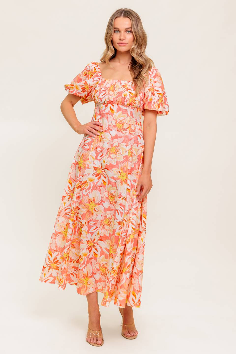 ISLAND FLOWERS PUFF SLEEVE MIDI DRESS CORAL FINAL SALE