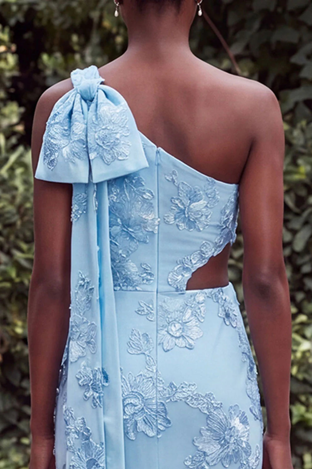 One Shoulder Mermaid Lilac Floral Embroidery Cut Out Maxi Dress with Bow