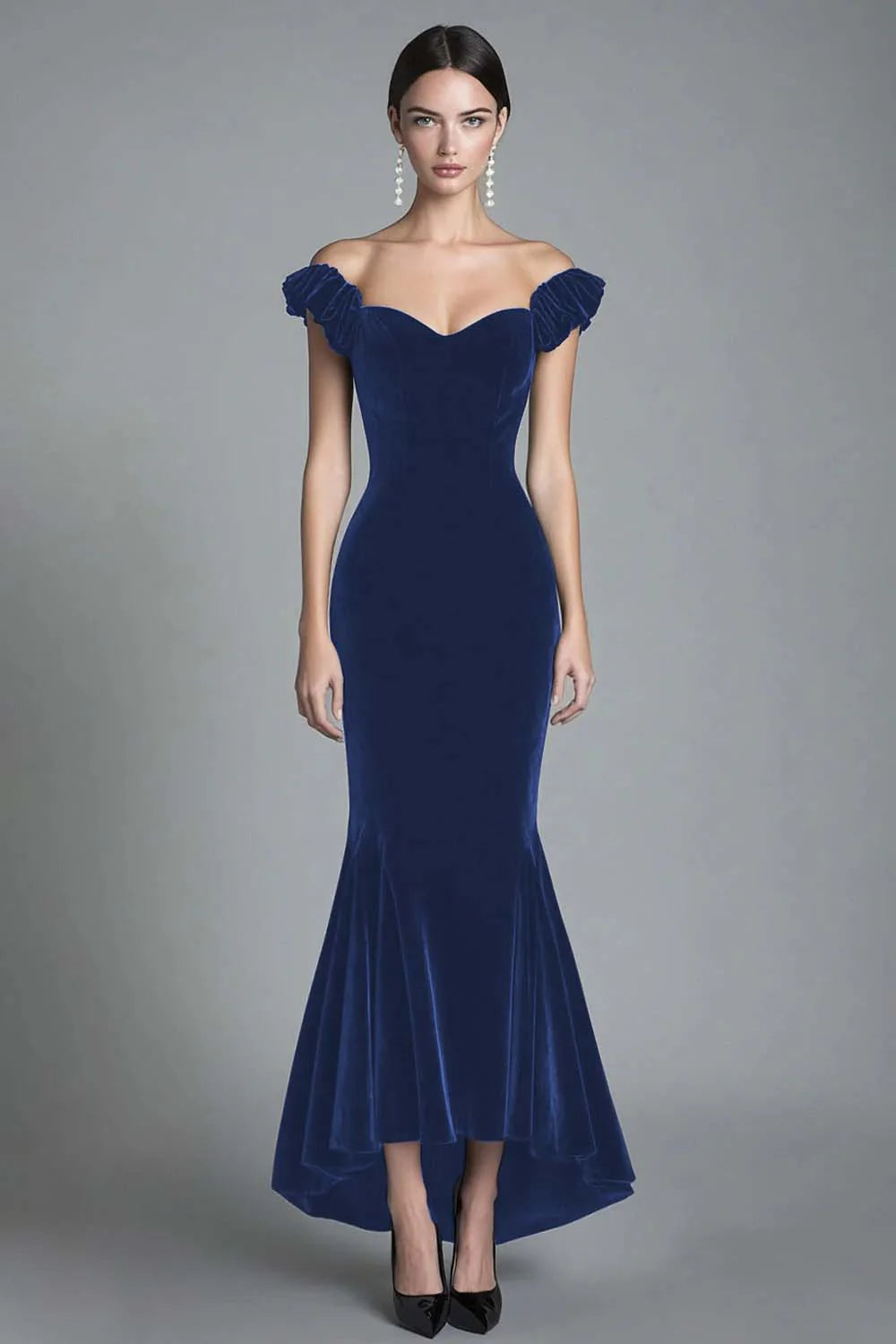 Black Off the Shoulder Mermaid Velvet Long Formal Dress